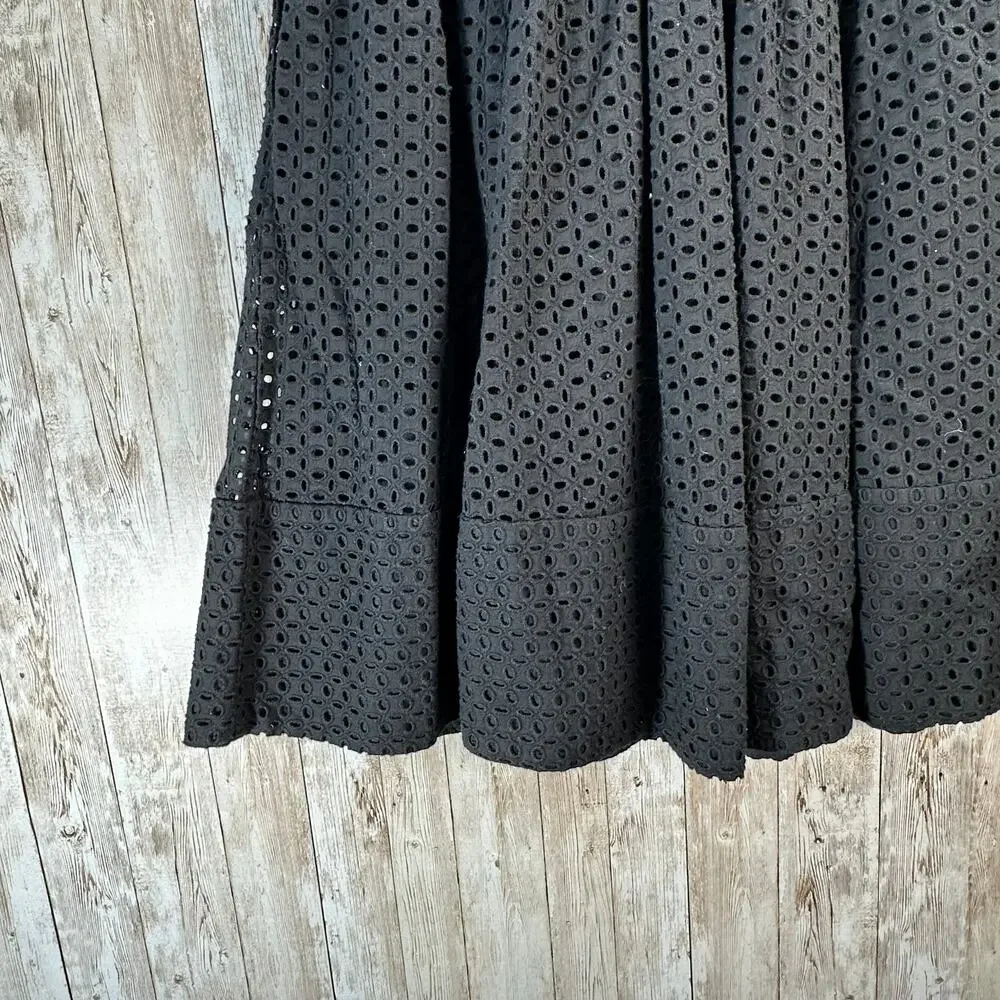 Banana Republic Eyelet Fit Flare Dress Womens 2 Black Split Neck‎ Button Front
